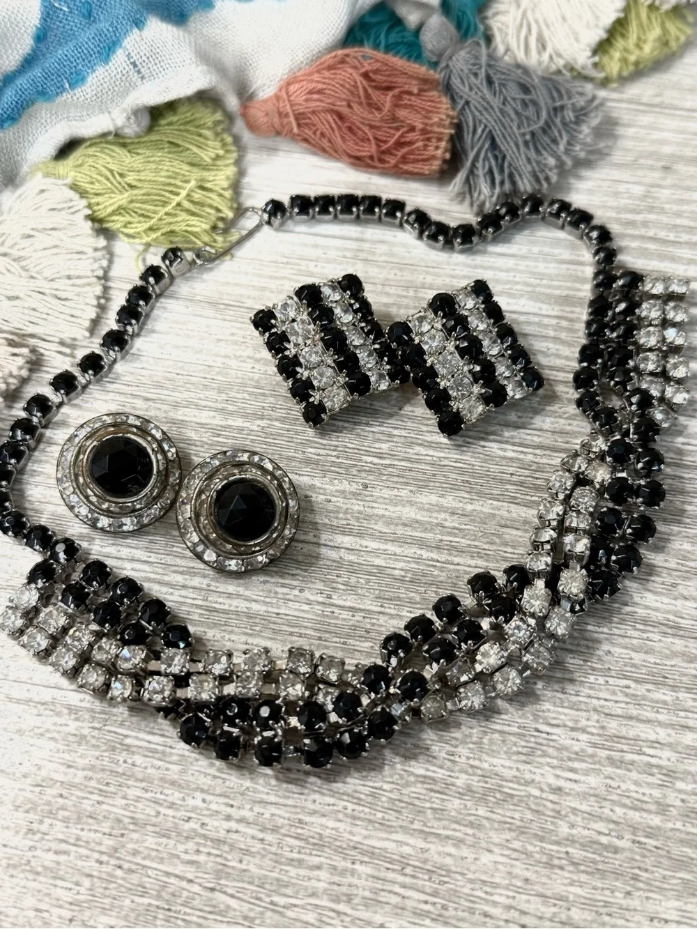 Vintage Art Deco Black & Silver Crystal Chocker Necklace and Earring Set